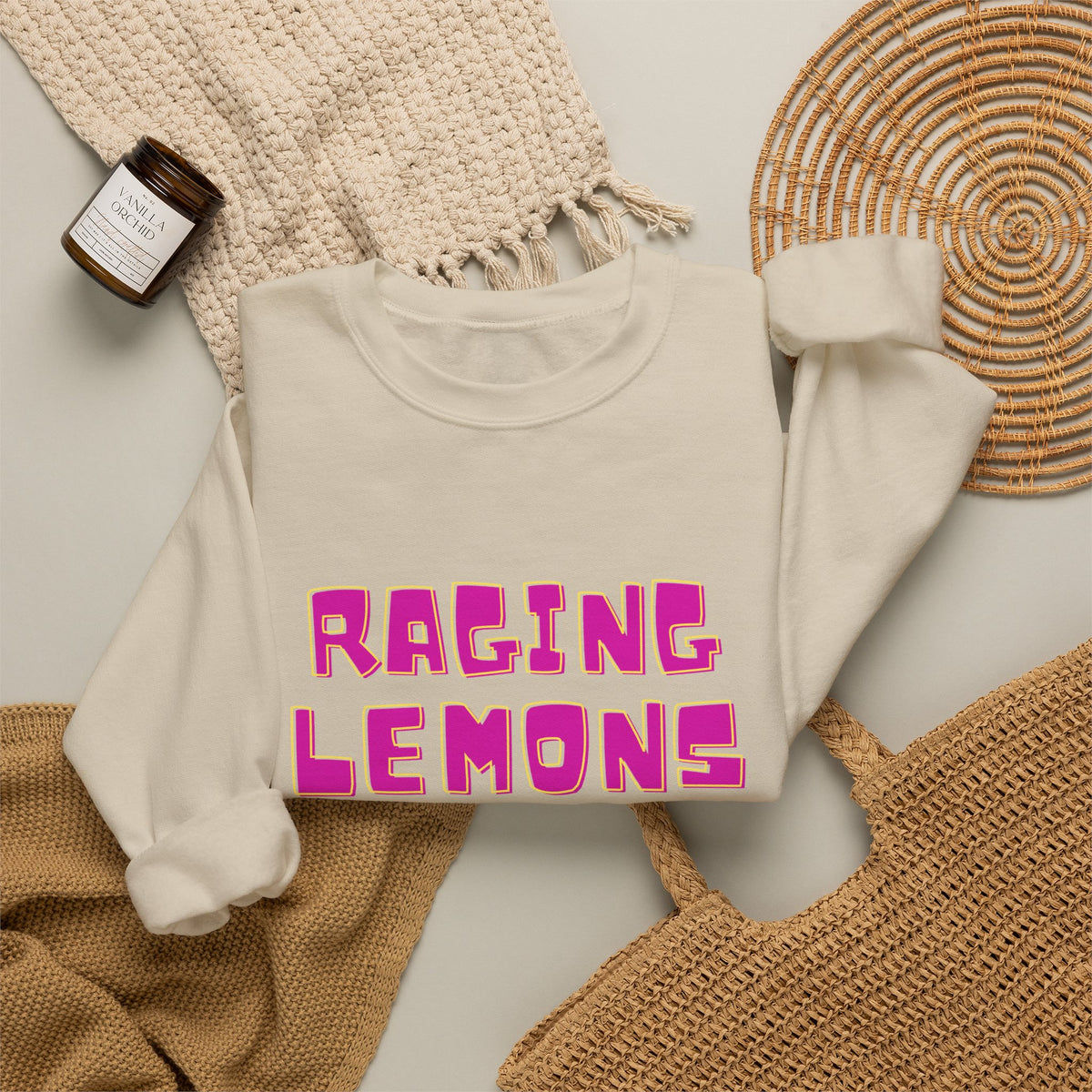 Raging Lemons Retro Graphic Crewneck Sweatshirt | Cute Lemon Pullover | Unisex Vintage-Inspired Sweatshirt