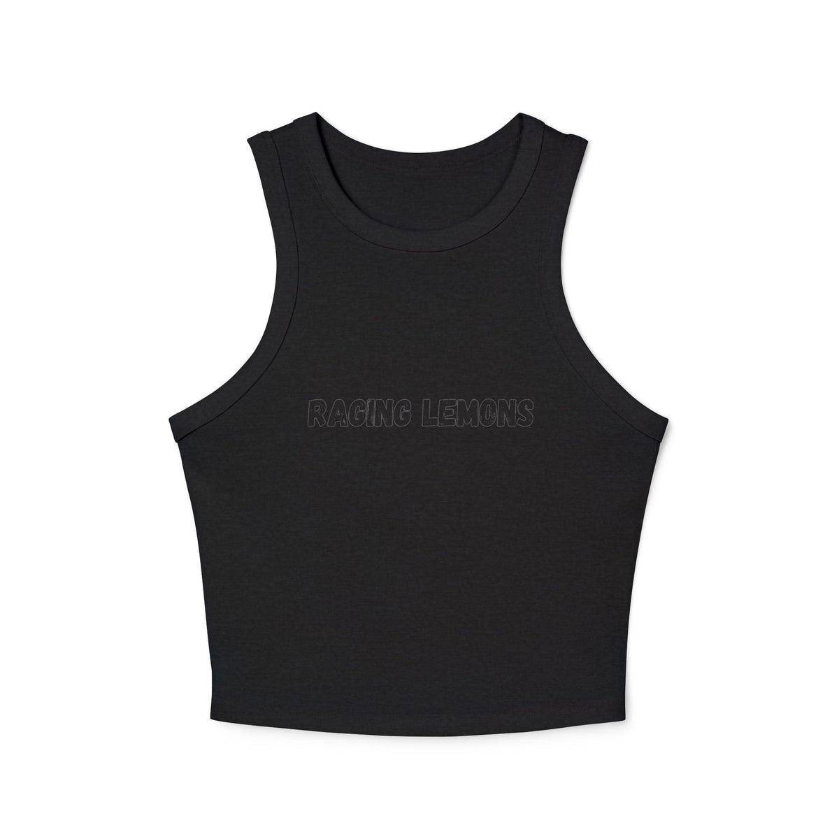 Raging Lemons Retro Outline Logo Women’s Racer Tank Top | Black Ribbed Crop Top
