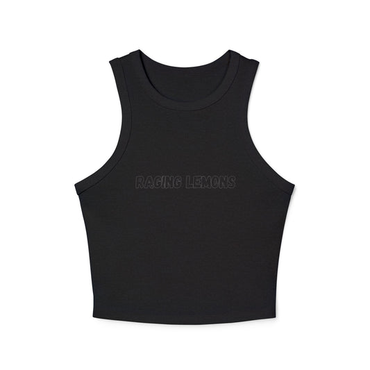 Raging Lemons Retro Outline Logo Women’s Racer Tank Top | Black Ribbed Crop Top