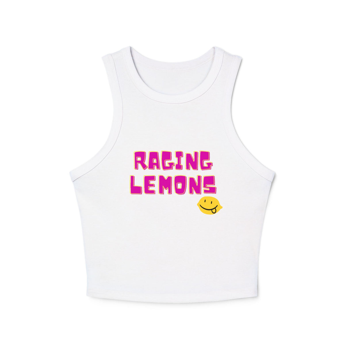 Raging Lemons Retro Outline Logo Women’s Racer Tank Top | Black Ribbed Crop Top