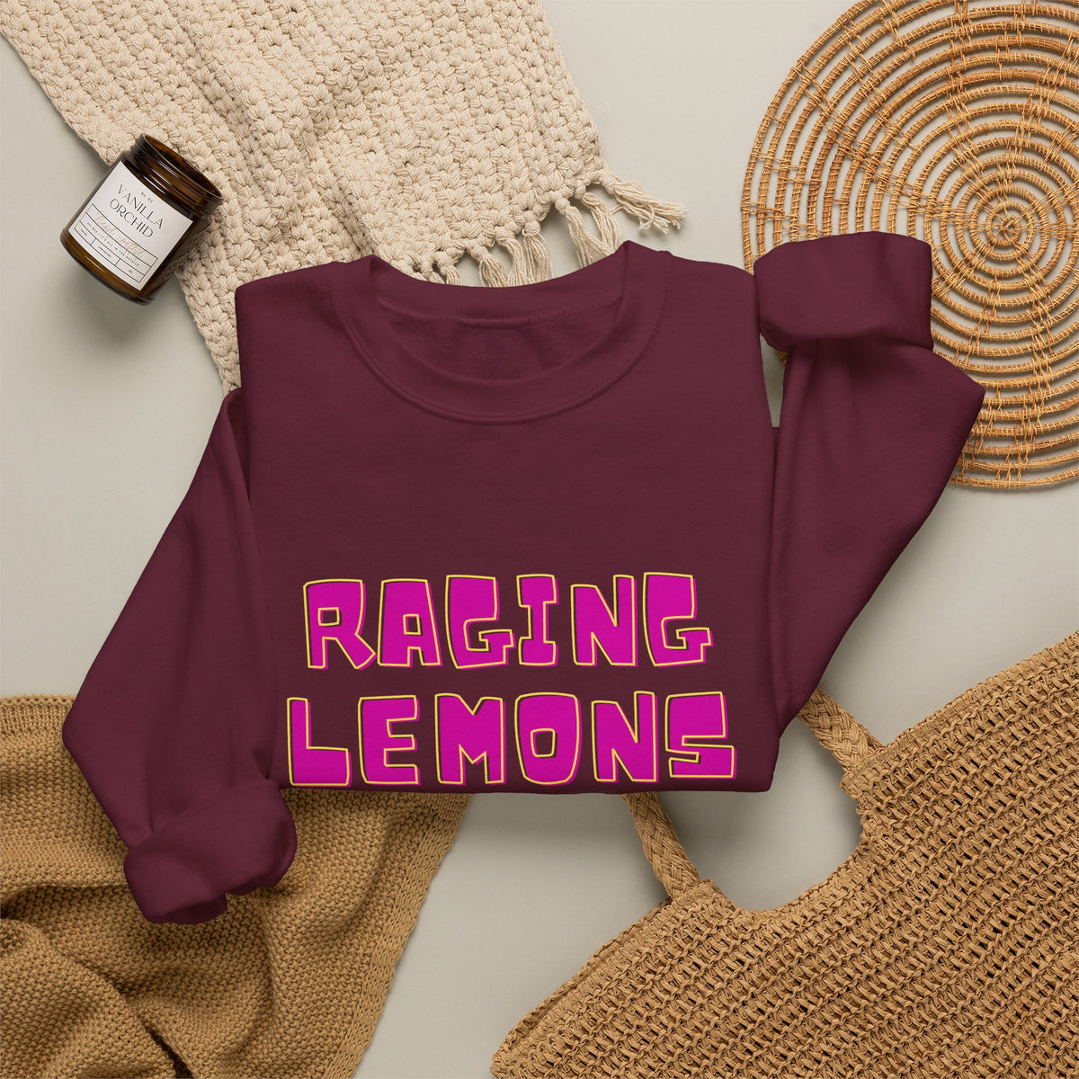 Raging Lemons Retro Graphic Crewneck Sweatshirt | Cute Lemon Pullover | Unisex Vintage-Inspired Sweatshirt