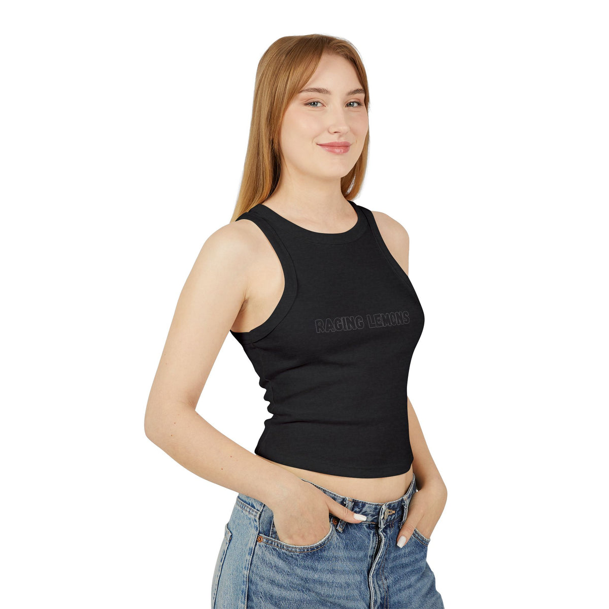 Raging Lemons Retro Outline Logo Women’s Racer Tank Top | Black Ribbed Crop Top