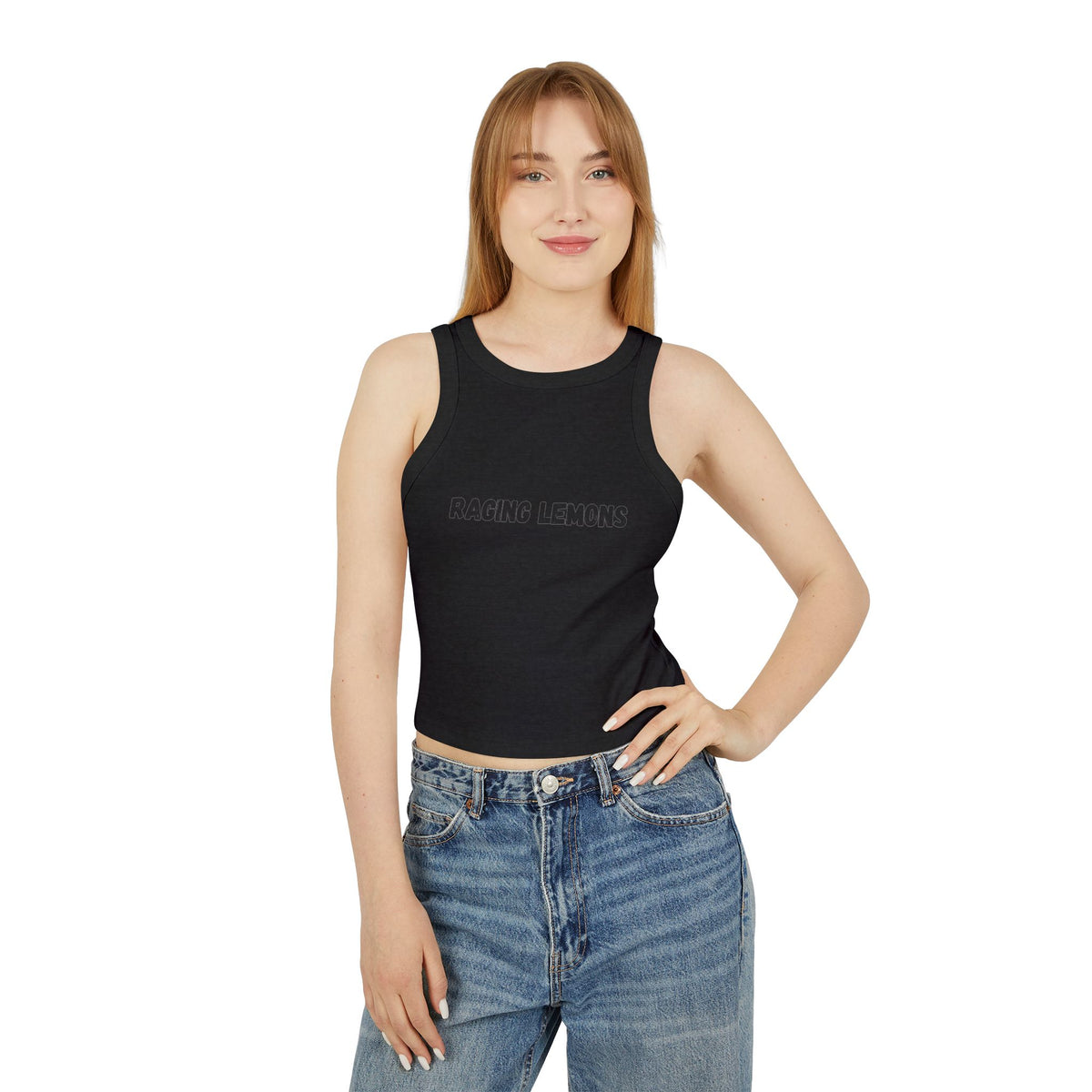Raging Lemons Retro Outline Logo Women’s Racer Tank Top | Black Ribbed Crop Top