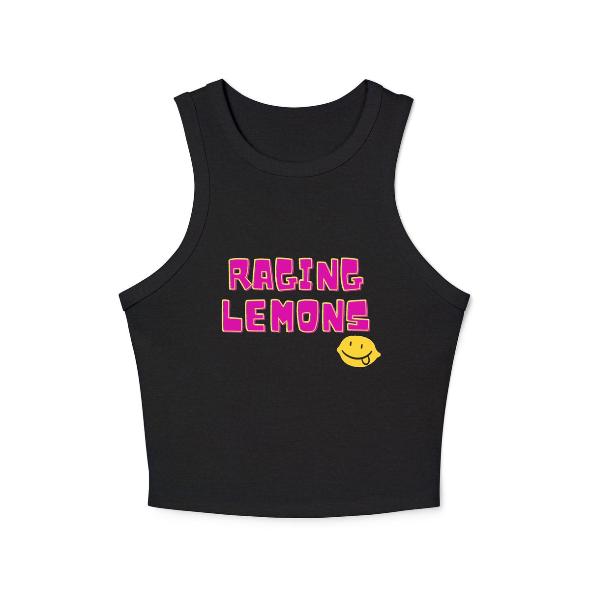 Raging Lemons Retro Outline Logo Women’s Racer Tank Top | Black Ribbed Crop Top