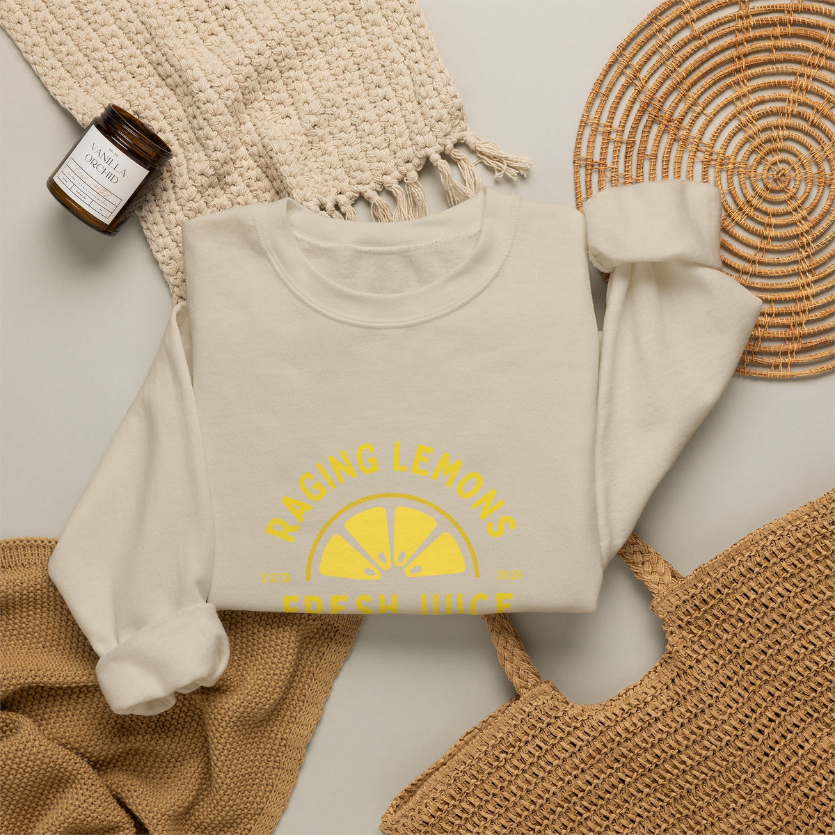 Raging Lemons Retro Lemon Graphic Crewneck Sweatshirt | Fresh Juice Vintage Wellness Pullover